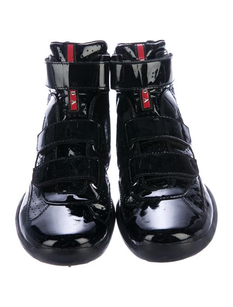 black high top patten leather prada 2005 sneaker|prada downtown patent sneakers.